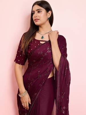 Purple ethnic motifs sequinned pure chiffon saree 5