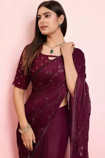 Purple ethnic motifs sequinned pure chiffon saree