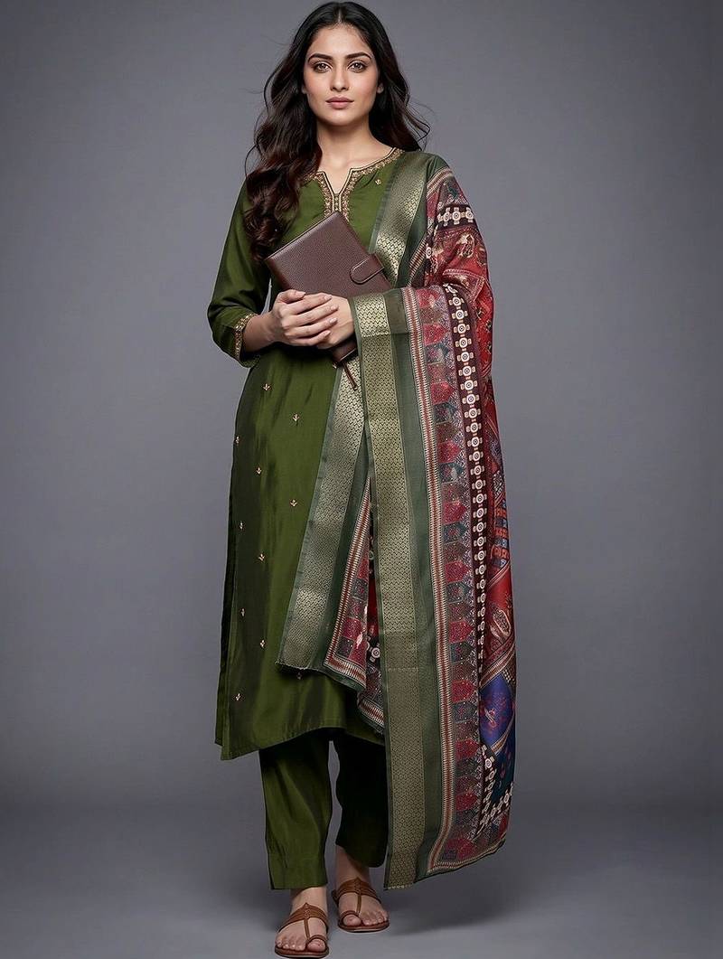 women ethnic motifs embroidered regular thread work kurta with trousers & with dupatta