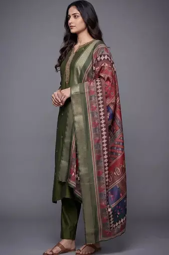 women ethnic motifs embroidered regular thread work kurta with trousers & with dupatta
