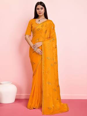 Yellow ethnic motifs sequinned pure chiffon saree 1