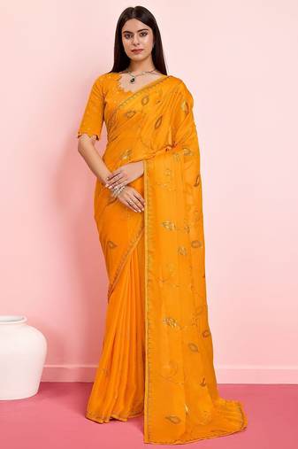 Yellow ethnic motifs sequinned pure chiffon saree