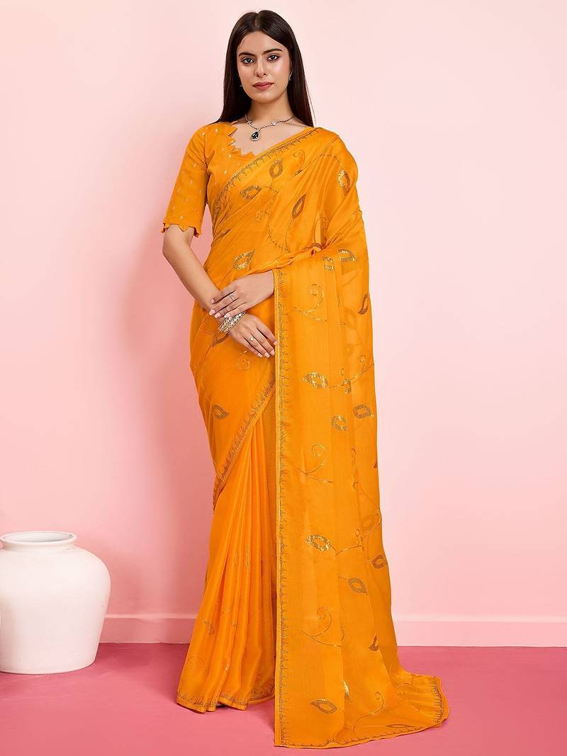 Yellow ethnic motifs sequinned pure chiffon saree