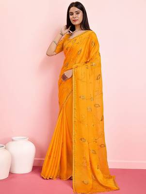 Yellow ethnic motifs sequinned pure chiffon saree 2