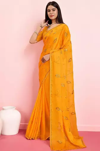 Yellow ethnic motifs sequinned pure chiffon saree