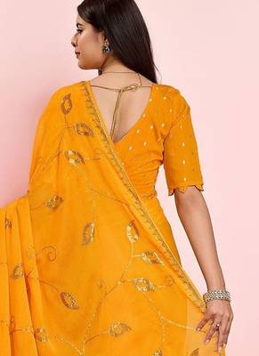 Yellow ethnic motifs sequinned pure chiffon saree 3