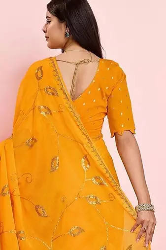 Yellow ethnic motifs sequinned pure chiffon saree