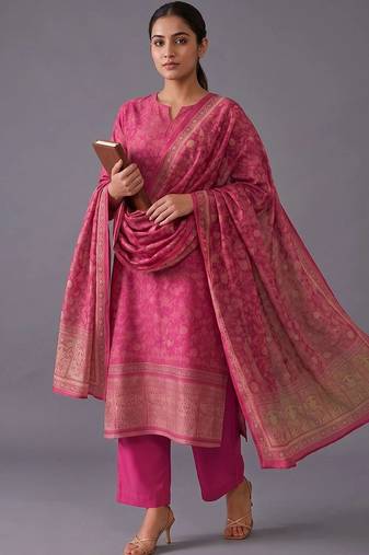 women ethnic motifs regular chanderi silk kurta with trousers & with dupatta