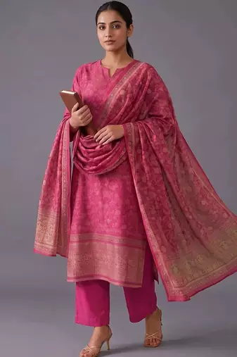 women ethnic motifs regular chanderi silk kurta with trousers & with dupatta