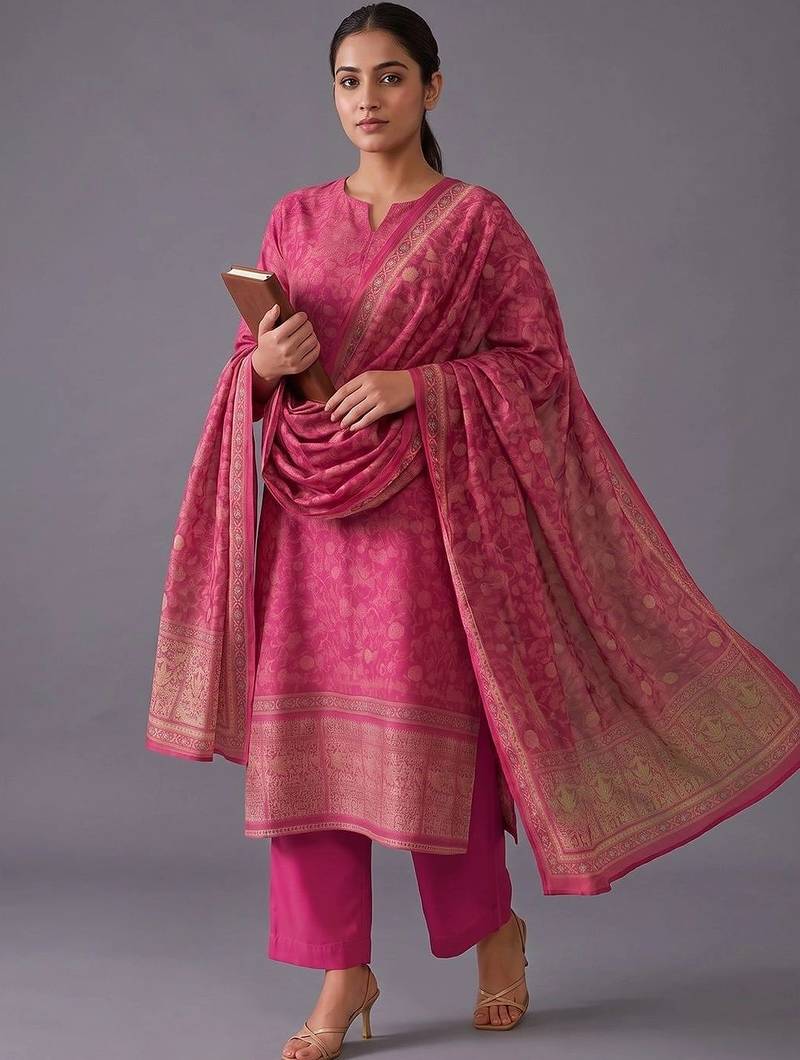 women ethnic motifs regular chanderi silk kurta with trousers & with dupatta