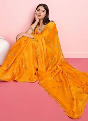 Yellow ethnic motifs sequinned pure chiffon saree 4