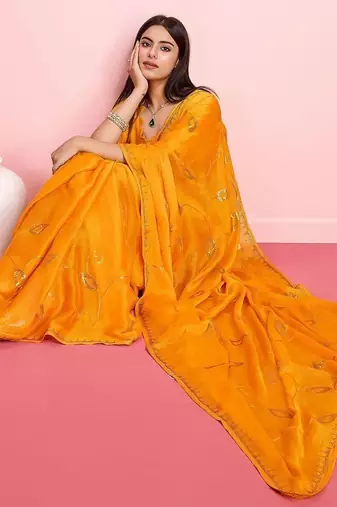 Yellow ethnic motifs sequinned pure chiffon saree