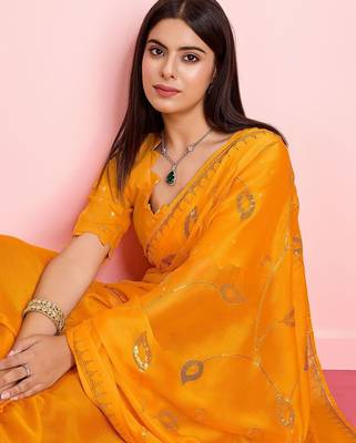 Yellow ethnic motifs sequinned pure chiffon saree 5