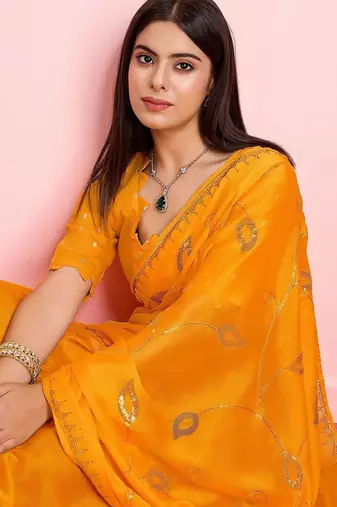 Yellow ethnic motifs sequinned pure chiffon saree