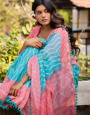 Blue leheriya pure cotton block print saree 1