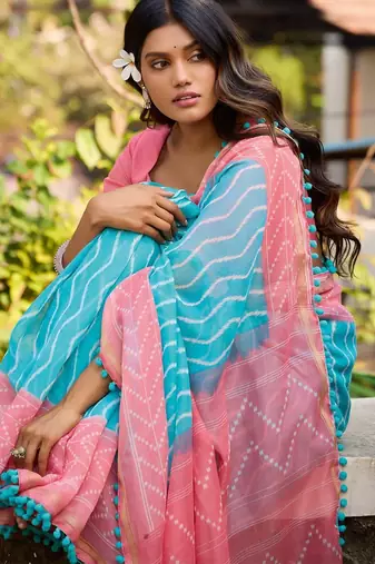 Blue leheriya pure cotton block print saree
