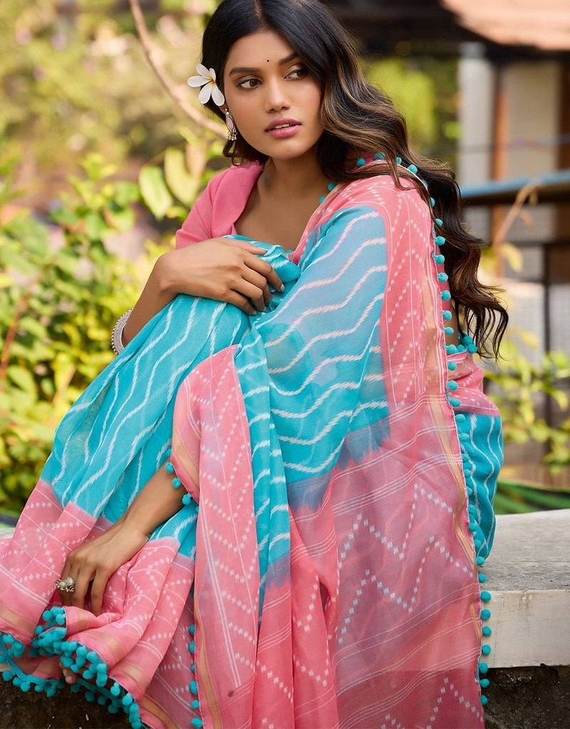 Blue leheriya pure cotton block print saree