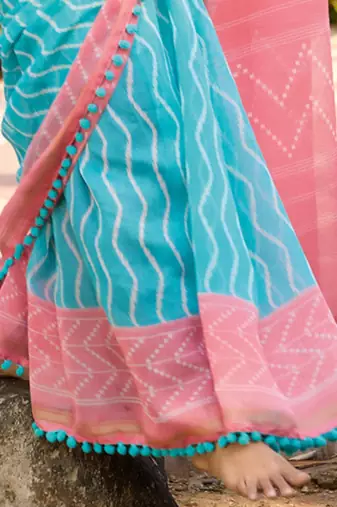 Blue leheriya pure cotton block print saree