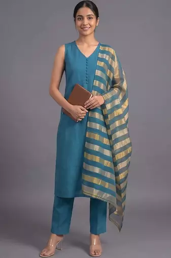 women regular kurta with trousers & with dupatta