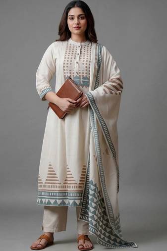women printed regular kurta with trousers & with dupatta