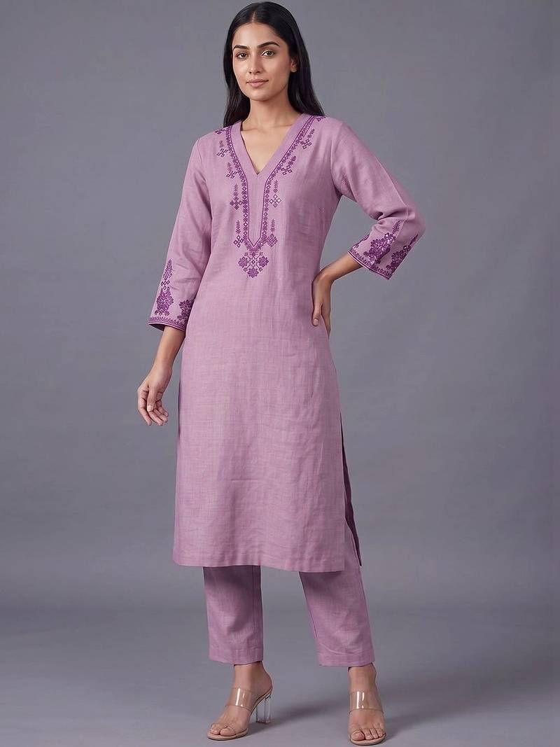 women ethnic motifs embroidered regular thread work kurta with trousers