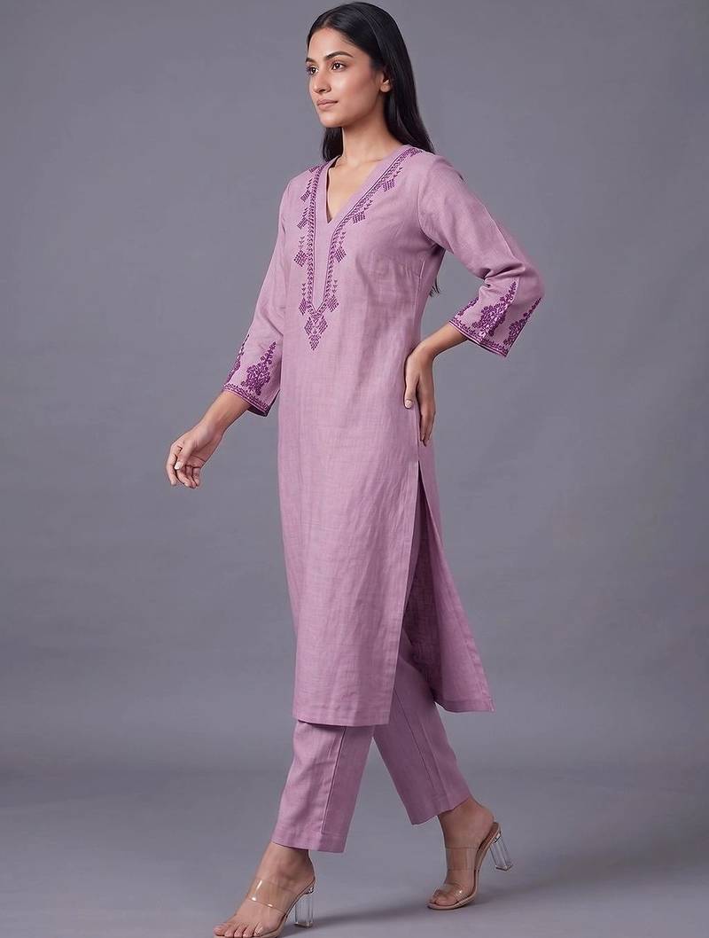 women ethnic motifs embroidered regular thread work kurta with trousers