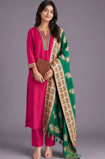 women ethnic motifs regular thread work kurta with trousers & with dupatta