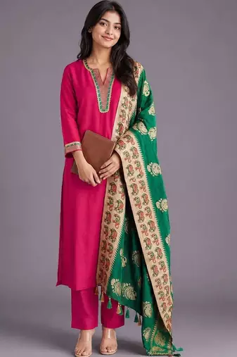 women ethnic motifs regular thread work kurta with trousers & with dupatta