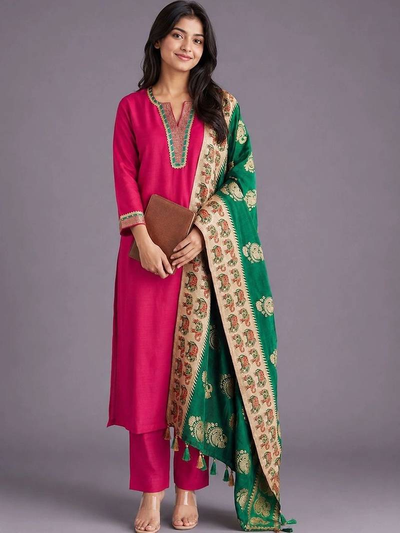 women ethnic motifs regular thread work kurta with trousers & with dupatta
