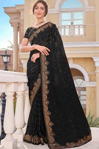 Black embellished pure chiffon saree