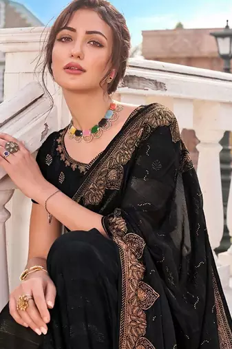 Black embellished pure chiffon saree