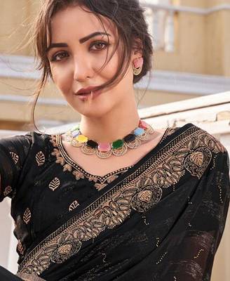 Black embellished pure chiffon saree 3