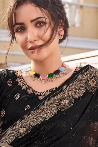 Black embellished pure chiffon saree