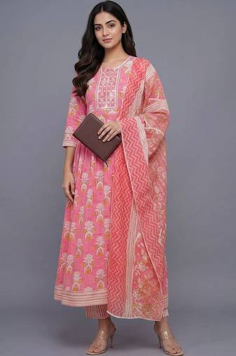 women ethnic motifs printed regular thread work kurta with trousers & with dupatta