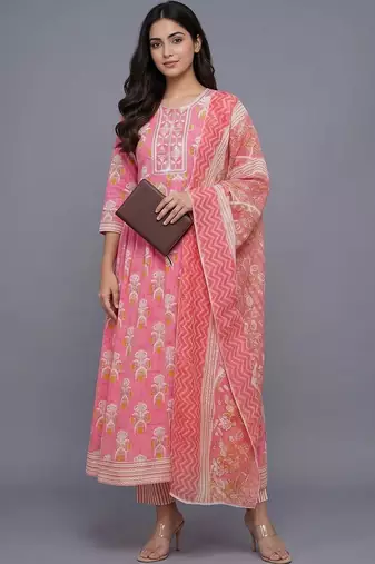 women ethnic motifs printed regular thread work kurta with trousers & with dupatta