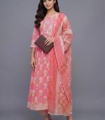 women ethnic motifs printed regular thread work kurta with trousers & with dupatta