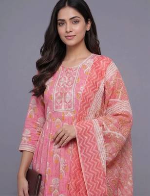 women ethnic motifs printed regular thread work kurta with trousers & with dupatta 7
