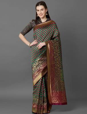 Green green & burgundy ethnic motifs zari silk blend banarasi saree 1