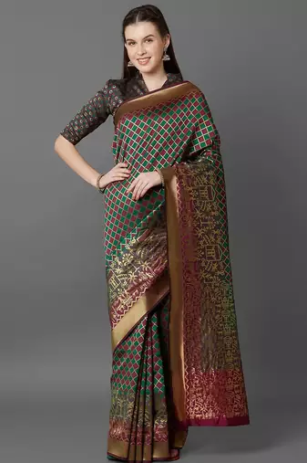 Green green & burgundy ethnic motifs zari silk blend banarasi saree
