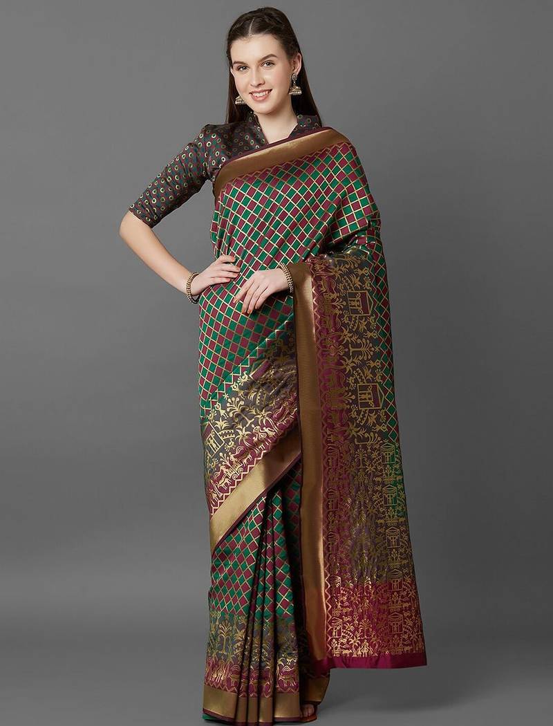 Green green & burgundy ethnic motifs zari silk blend banarasi saree