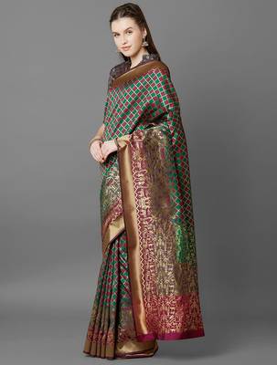 Green green & burgundy ethnic motifs zari silk blend banarasi saree 2