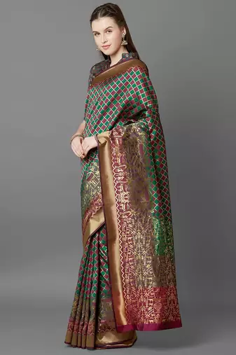 Green green & burgundy ethnic motifs zari silk blend banarasi saree