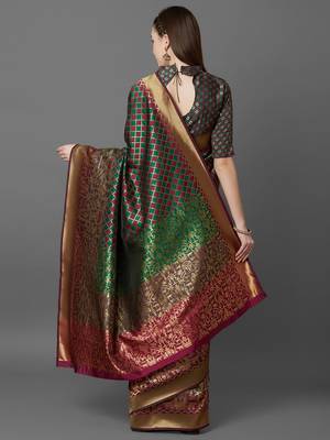 Green green & burgundy ethnic motifs zari silk blend banarasi saree 3