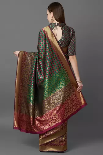 Green green & burgundy ethnic motifs zari silk blend banarasi saree