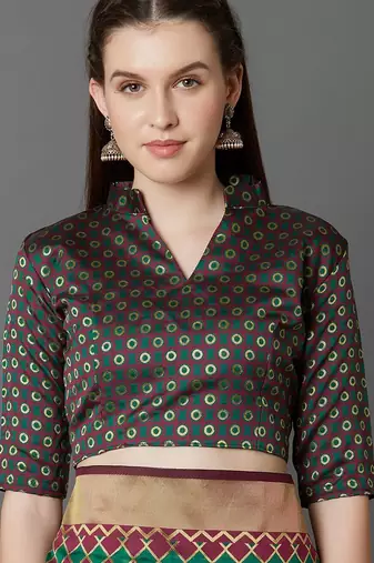 Green green & burgundy ethnic motifs zari silk blend banarasi saree