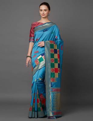 Blue blue & gold-coloured silk blend woven design banarasi saree 1