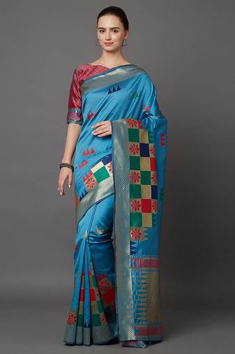 Blue blue & gold-coloured silk blend woven design banarasi saree