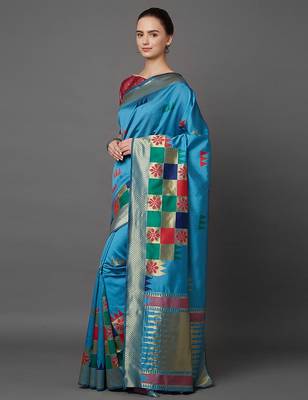 Blue blue & gold-coloured silk blend woven design banarasi saree 3