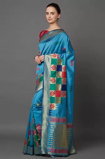 Blue blue & gold-coloured silk blend woven design banarasi saree