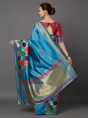 Blue blue & gold-coloured silk blend woven design banarasi saree 4